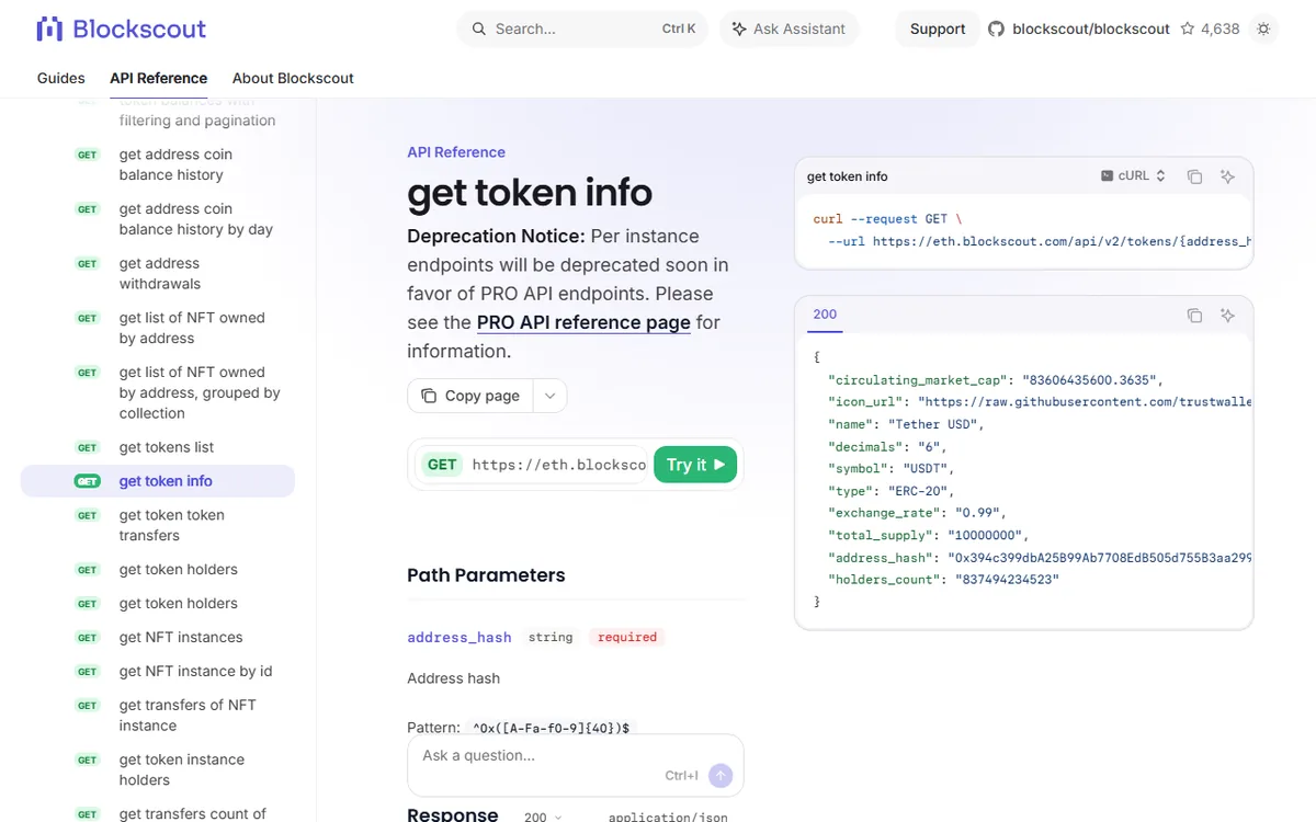 Blockscout API reference میں token address، total_supply، exchange_rate اور circulating_market_cap کے الگ fields