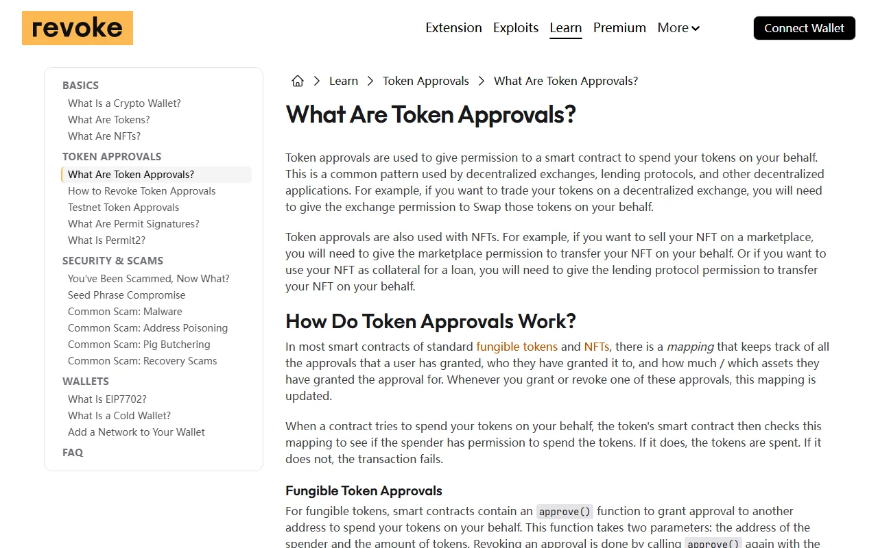 revoke.cash کے Learn سیکشن کا "What Are Token Approvals?" صفحہ، جس میں approve() فنکشن اور approvals کی mapping کی وضاحت دی گئی ہے