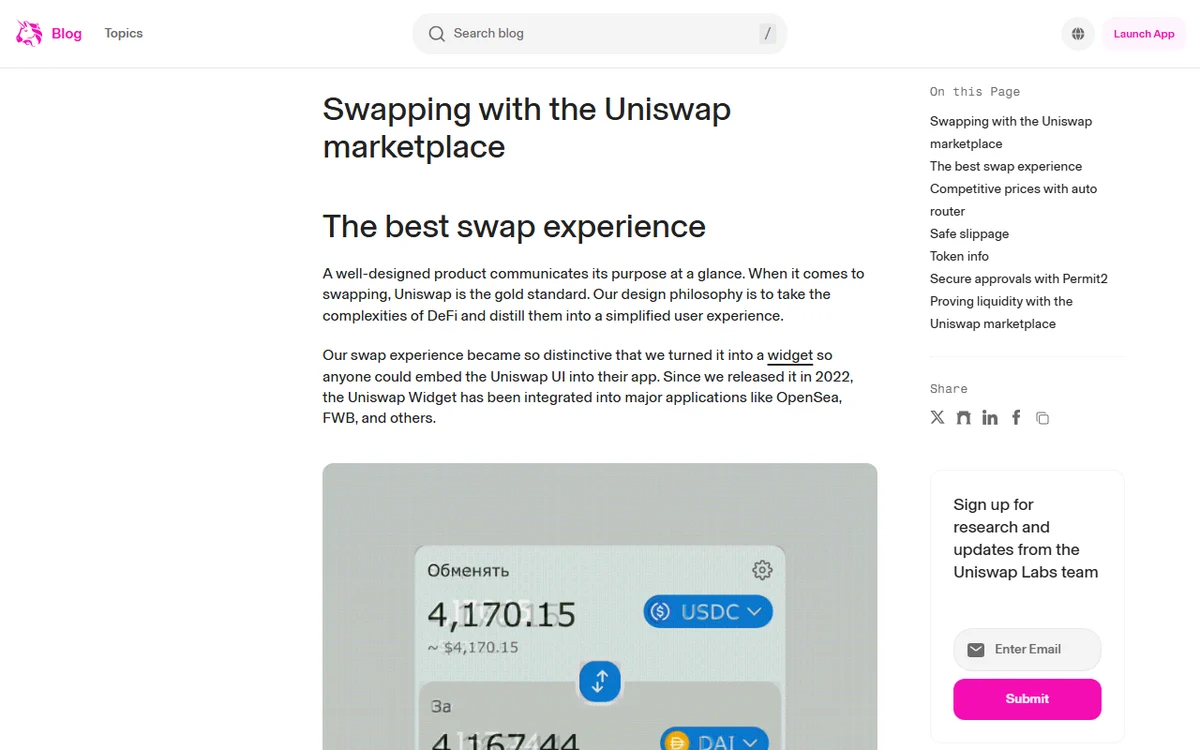 Uniswap Labs کے سرکاری صفحے میں حقیقی Swap interface، جس میں input، output اور settings panel دکھائی دیتے ہیں