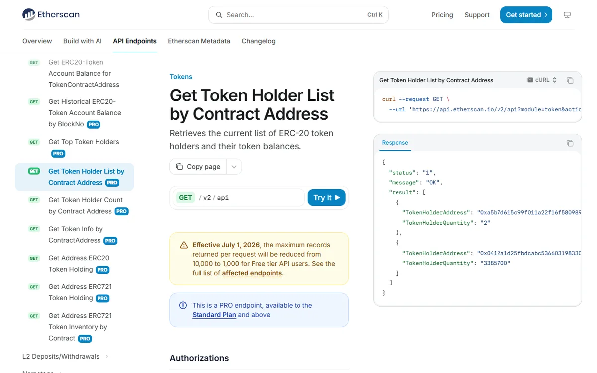 Etherscan کی official Token Holder List documentation، جس میں contract address کے تحت holder address اور balance response دکھایا گیا ہے