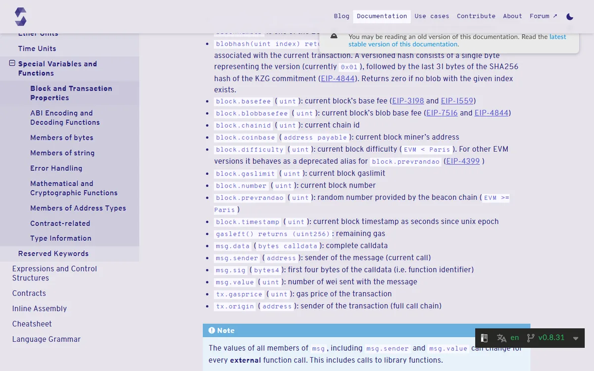 Solidity 0.8.31 کی سرکاری دستاویز میں block.timestamp کو Unix epoch کے بعد seconds کی صورت دکھایا گیا ہے
