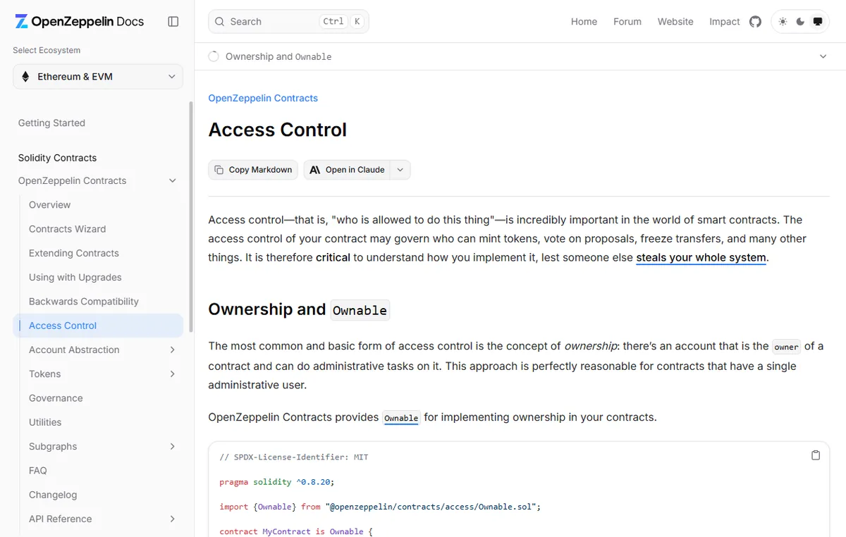 OpenZeppelin Access Control دستاویز میں owner اور administrative token permissions کی وضاحت