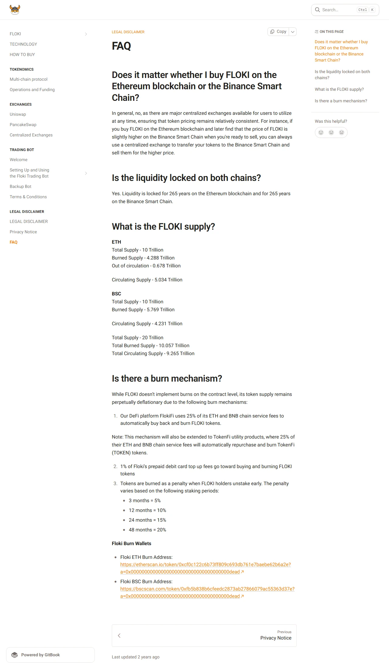 FLOKI کے official FAQ میں Ethereum، BSC اور combined supply کی project-reported values